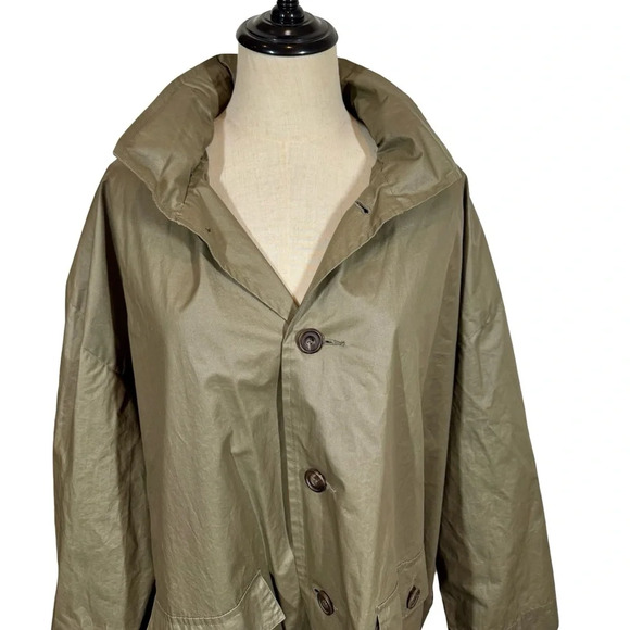 Eskandar Swing Coat Waxed Rain Jacket Detachable Hood Olive Green Sz:1/Small - Picture 4 of 8